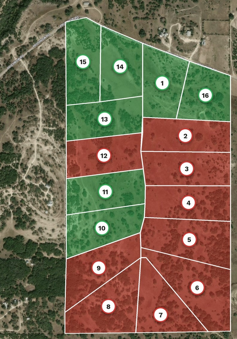 Aerial map of the 16 Prochnow Oaks Ranch homesites. Available: tracts 1, 10, 11, 13, 14, 15, 16. Sold or under contract: tracts 2, 3, 4, 5, 6, 7, 8, 9, 12.